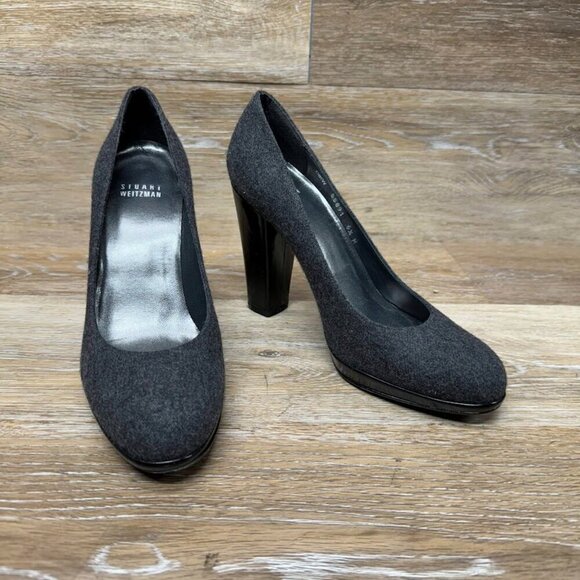 Stuart Weitzman Gray Wool Black Block Heel Pumps Women's Size 6.5 - Picture 6 of 8